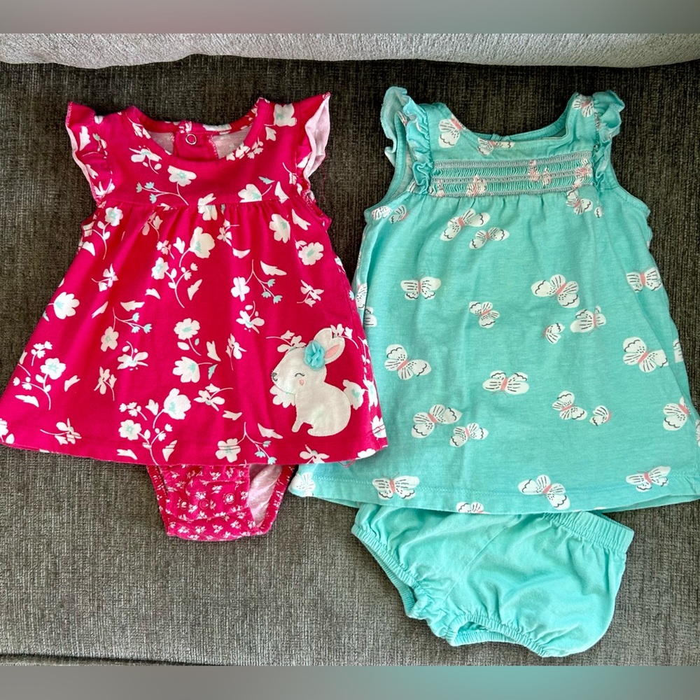 Pink Easter / Spring Bunnies & Blue Butterflies Skirted Onesie + Bloomers Outfit